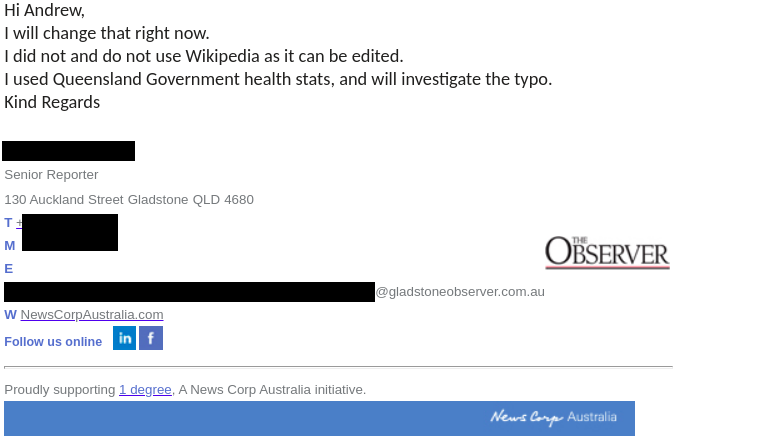 Hi Andrew, I will change that right now. I did not and do not use Wikipedia as it can be edited. I used Queensland Government health stats, and will investigate the typo.